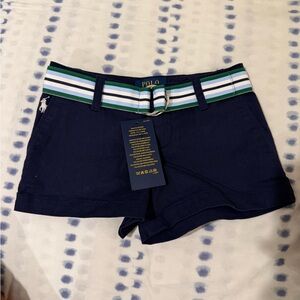 Ralph Lauren Navy Shorts with Green & White Striped Belt